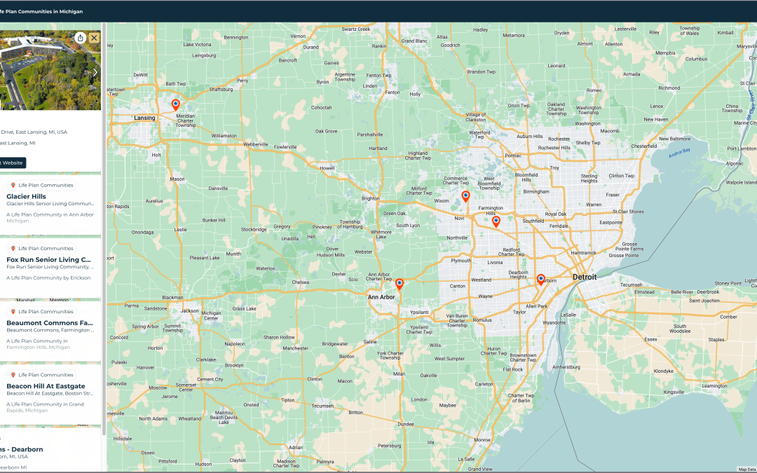 Map of the six best Life Plan and Continuing Care Retirement Communities in Michigan according to Newsweek